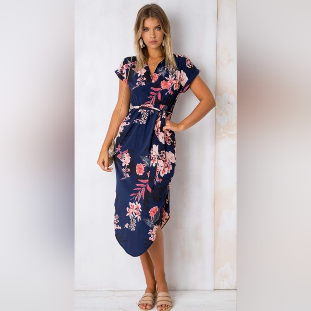 Split neck floral midi dress